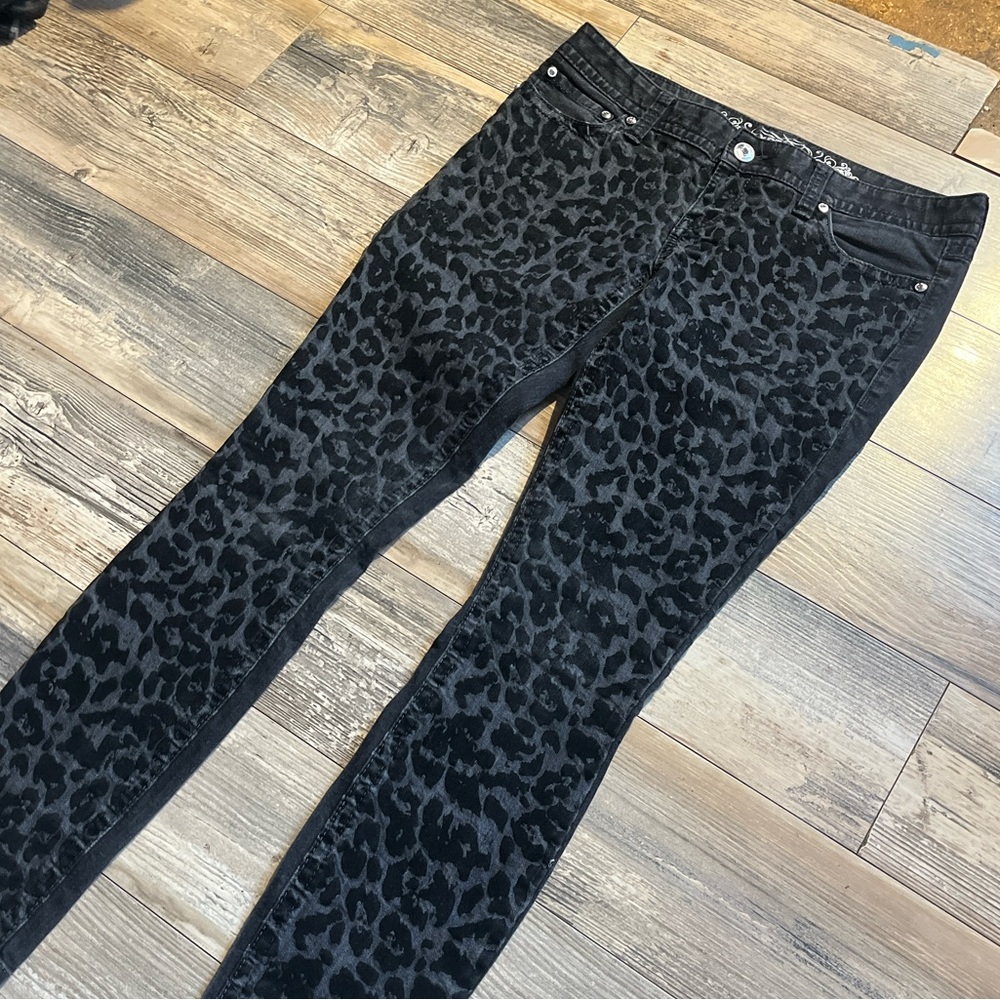 Express Black leapard print skinny jeans with cool silver designs
